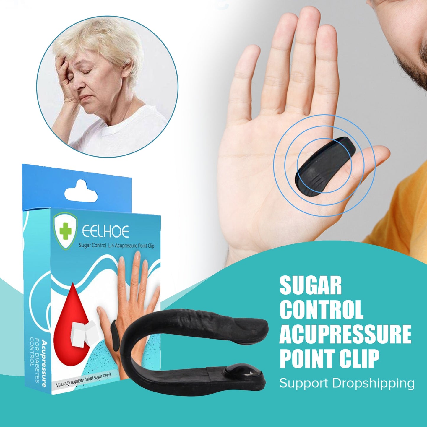Sugar Control LI4 Acupressure Point Clip | Headache, Migraine & Tension Relief | Light Weight